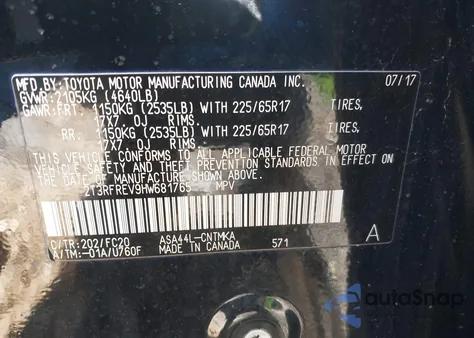 2017 Toyota Rav4 Xle из США, поврежденный, VIN 2T3RFREV9HW681765